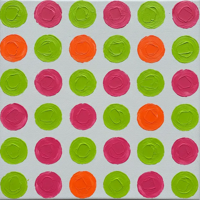 A white canvas covered in evenly spaced polka dots in neon pink, green, and orange.