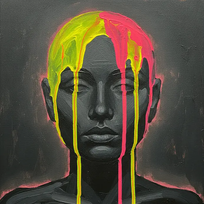 A simple face silhouette with neon yellow and pink drips of paint running down from the features.