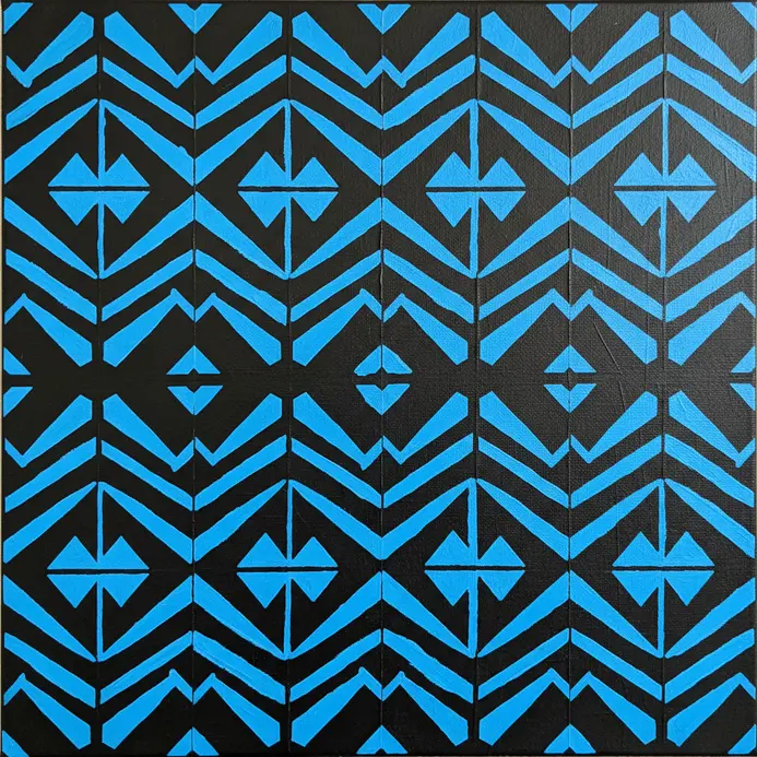 A repeating geometric tribal pattern stenciled in neon blue onto a black rectangular canvas.