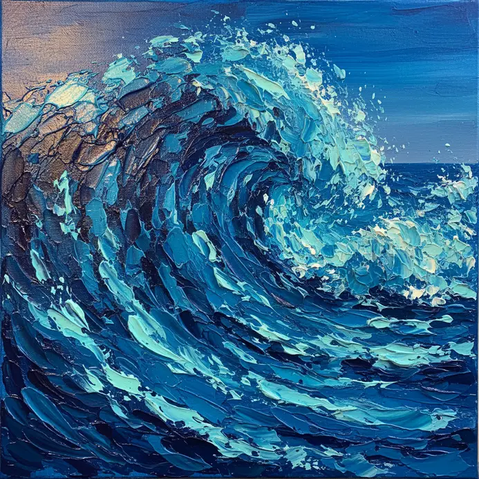 Textured ocean waves created with thick applications of neon teal and blue paint using a palette knife.