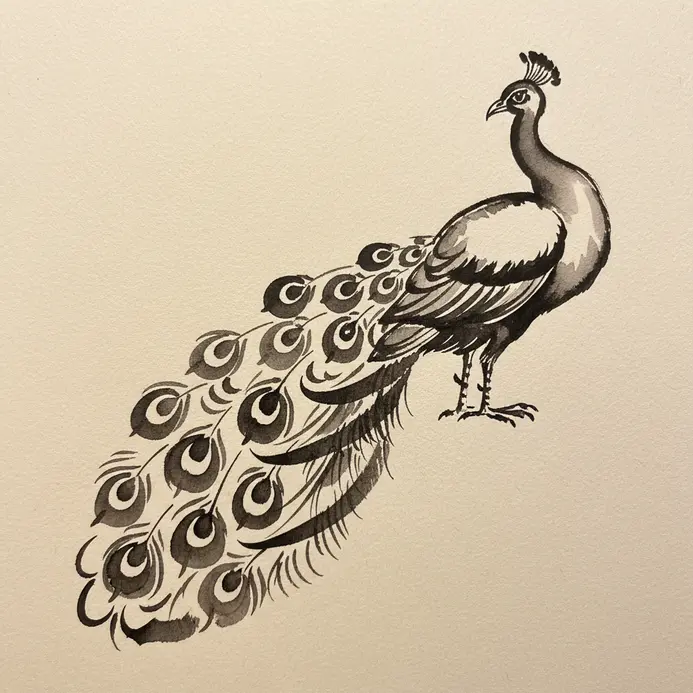 A pencil sketch adding a small circle for the peacock's head.