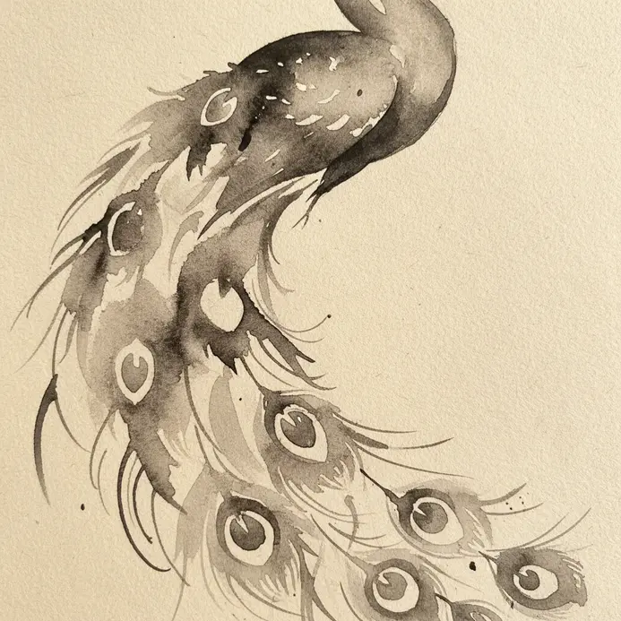 A large, curved pencil line forming the base of the peacock's fan tail.