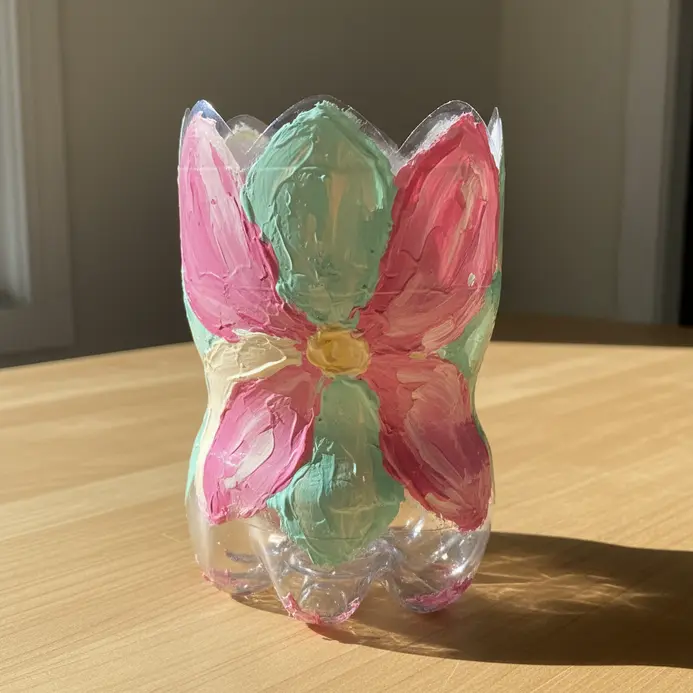 A colorful vase made from a painted soda bottle with a decorative flower-shaped bottom.