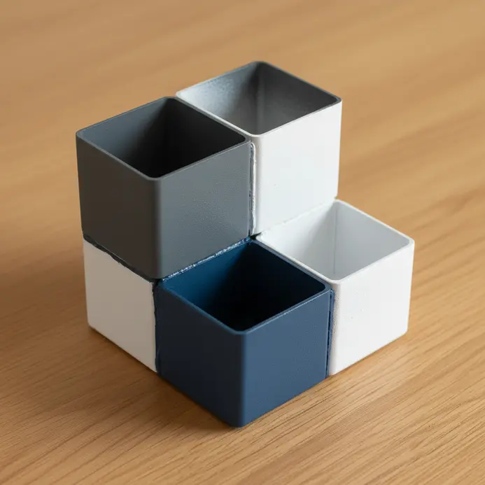A modern desk organizer made from connected plastic bottle sections, painted in solid colors.
