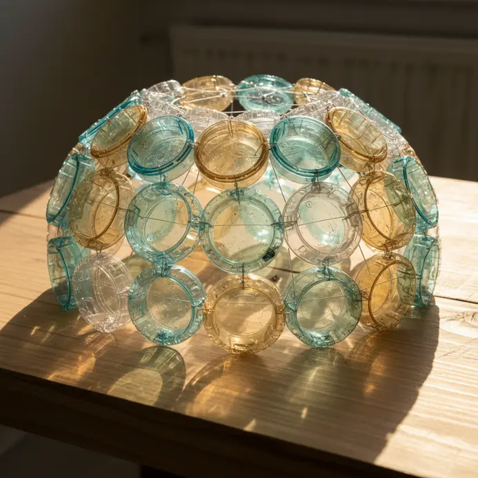 A light fixture shade constructed from the flower-shaped bottoms of many clear plastic bottles.