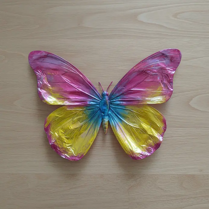 A collection of brightly painted plastic butterflies, cut from bottles, arranged on a wall.