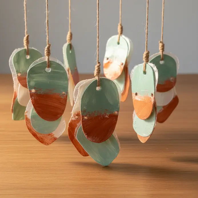 A decorative wind chime made from different colored and shaped pieces of cut plastic bottles.