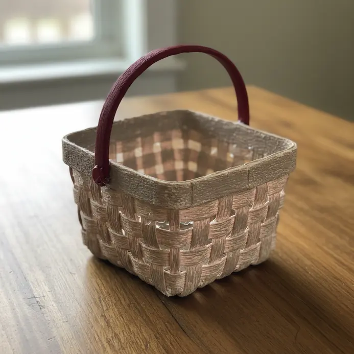 A small, handled basket woven from plastic strips to replicate the look of a rustic berry basket.