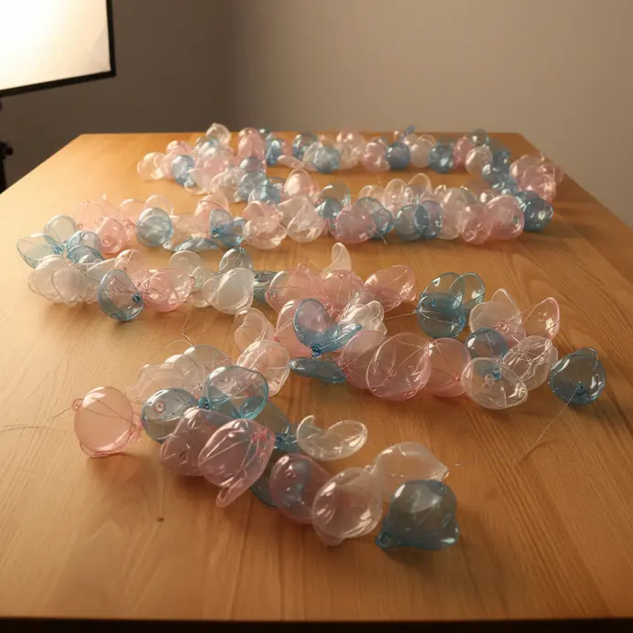 A decorative screen made from strings of plastic bottle petals hanging in overlapping layers.