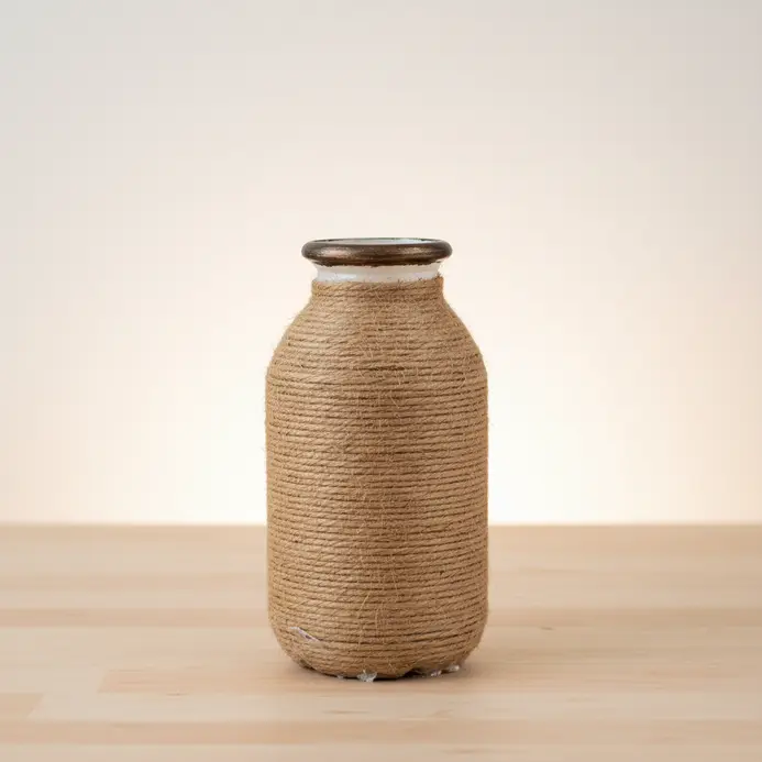 A simple plastic bottle vase completely covered in neatly wrapped jute twine for a rustic look.