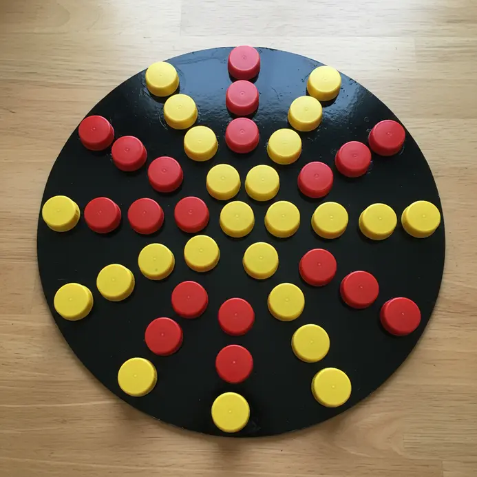 A wall clock where the numbers are represented by colorful plastic bottle caps arranged in a circle.