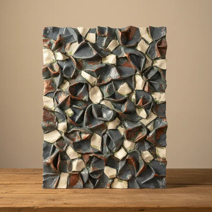 A three-dimensional abstract art piece for the wall, constructed from melted or shaped plastic bottle fragments.