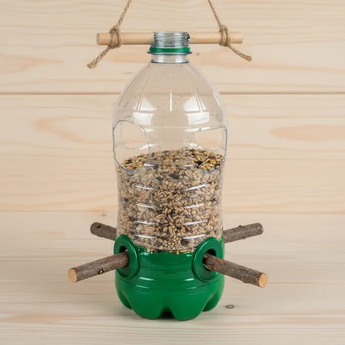 A functional bird feeder crafted from a plastic bottle with wooden spoons inserted as perches.