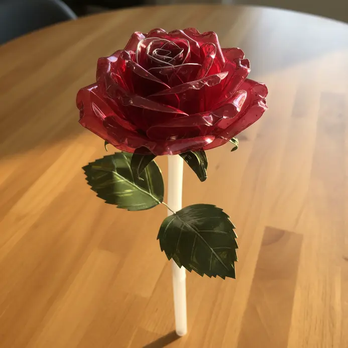 A large, realistic-looking rose flower for the garden, made from layers of cut and shaped green plastic bottles.