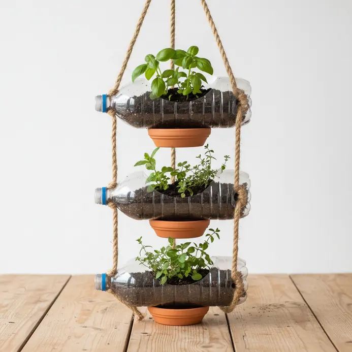 A tiered hanging garden with herbs growing from cut plastic bottles suspended on a rope.
