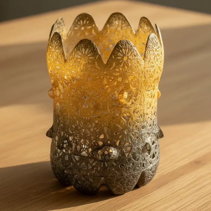 A plastic bottle lantern with detailed cut-out patterns casting soft light from a candle inside.
