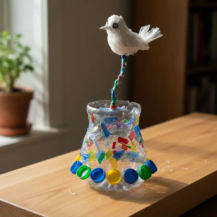 A painted plastic bottle shaped like a cat or bird, acting as a planter for a small succulent.
