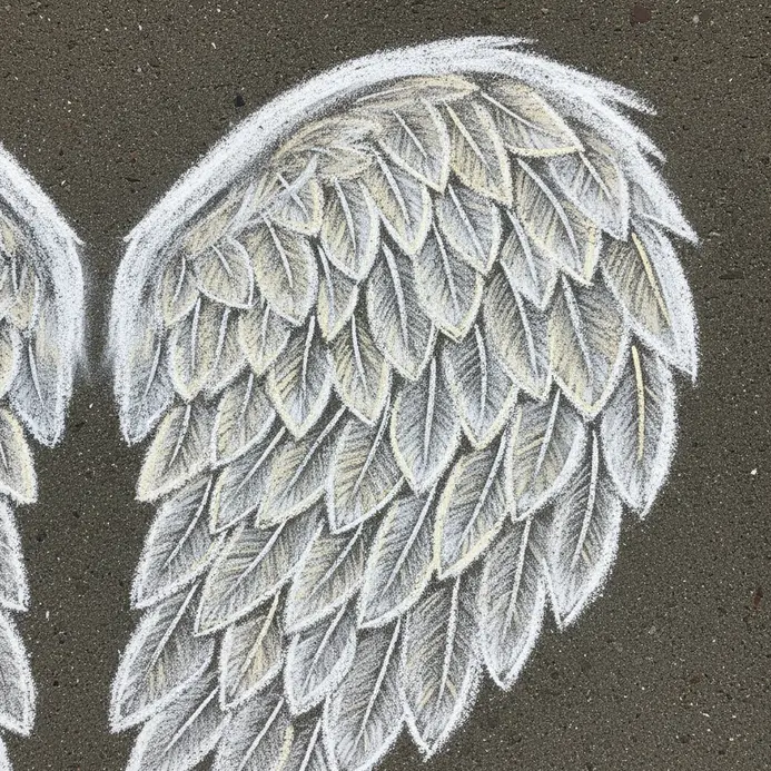 A pair of elaborate, feather-textured angel wings drawn in white chalk on a dark sidewalk.