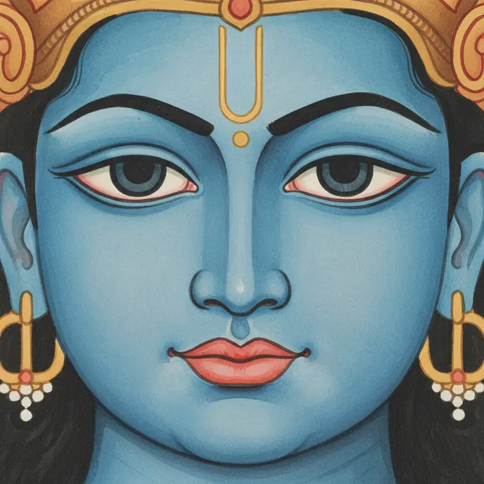 A serene blue face with large eyes and a peacock feather, painted in a simple Kerala mural style.