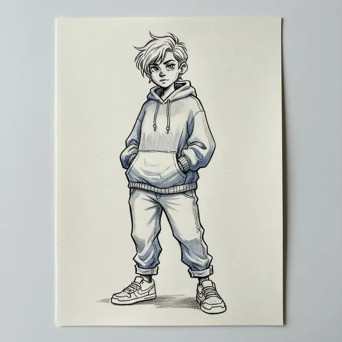 A cartoon character stands confidently wearing a large, relaxed hoodie and loose pants.