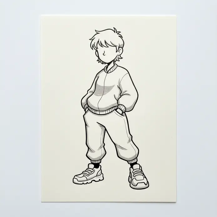 A simple, bold outline forms the clear silhouette of a character with short hair and baggy clothes.