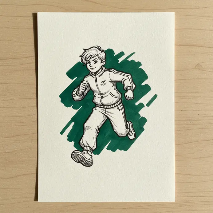 A cartoon character in a full, baggy tracksuit is sketched mid-stride in a running pose.