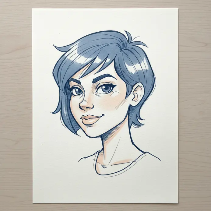 A character's head is drawn from a three-quarter angle, highlighting short, spiky hair texture.