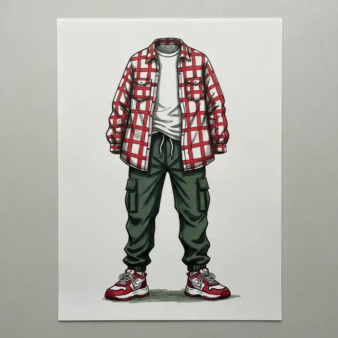 A character wears an open flannel shirt layered over a t-shirt, with visible folds and patterns.