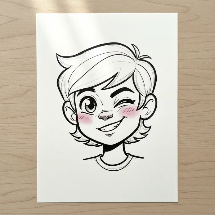 A full-body cartoon character gives a playful wink, with one eye closed and a friendly smile.