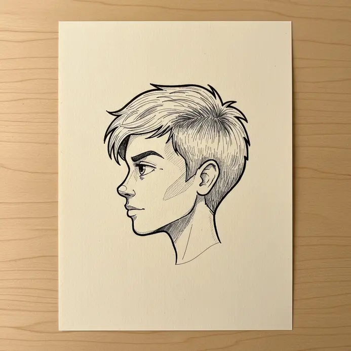 A side-view line drawing focuses on a character's textured, messy undercut hairstyle.