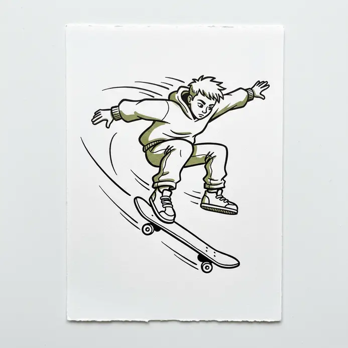 A cartoon character is captured mid-motion on a skateboard, with loose clothing flowing.