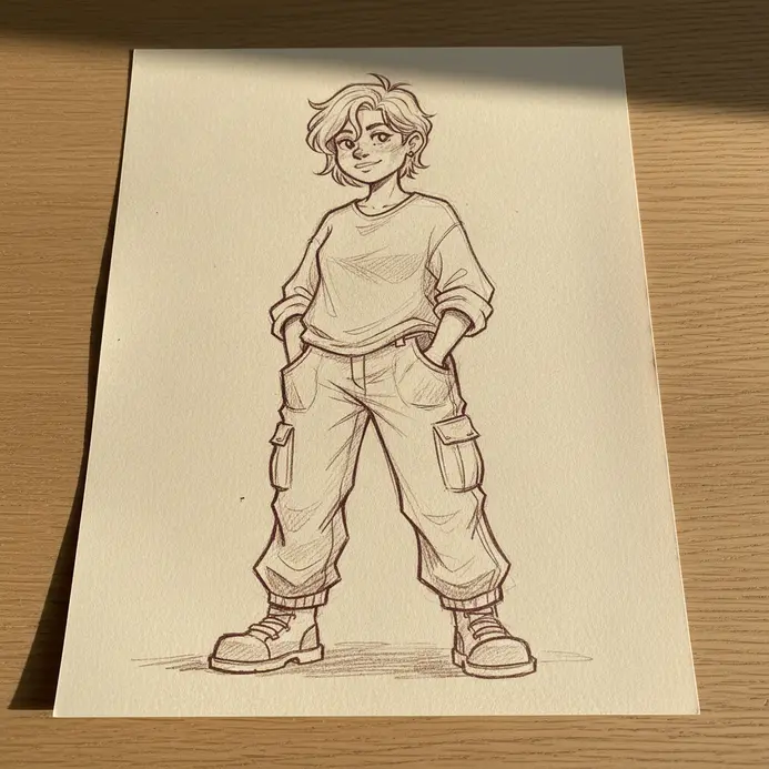 A relaxed character stands with both hands comfortably tucked into the pockets of baggy cargo pants.