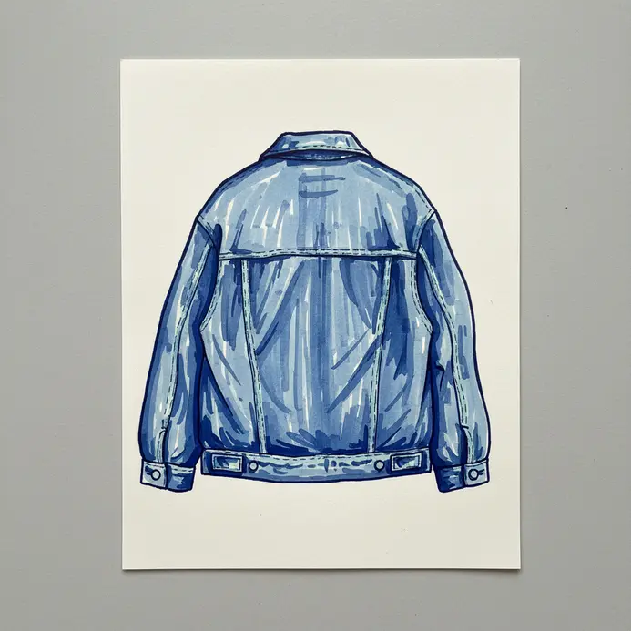 A character is drawn from behind, wearing an oversized denim jacket with visible seams.