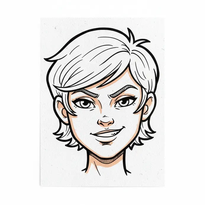 A detailed cartoon close-up focuses on a character's face with a subtle, confident smirk.