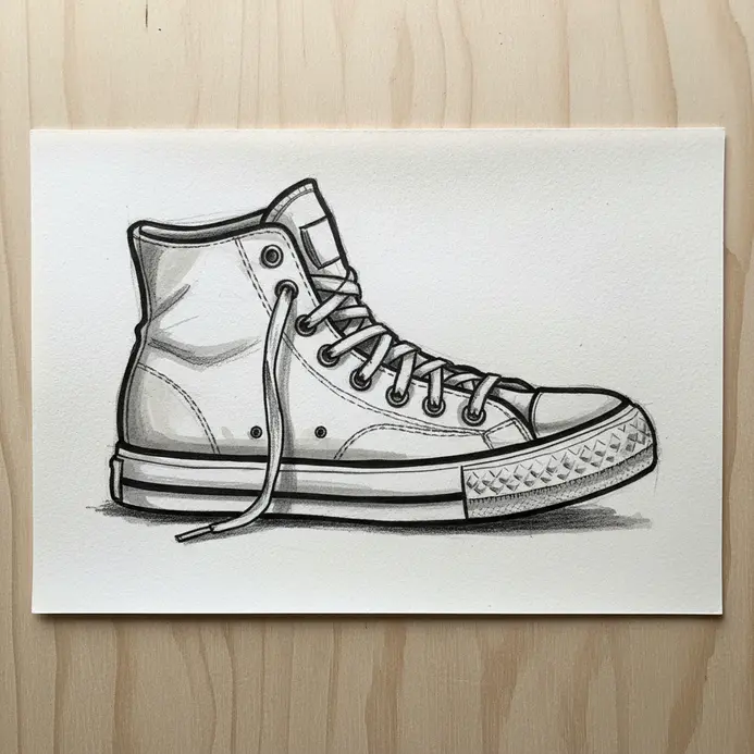 An illustration focuses on the laces, soles, and fabric texture of a pair of high-top sneakers.