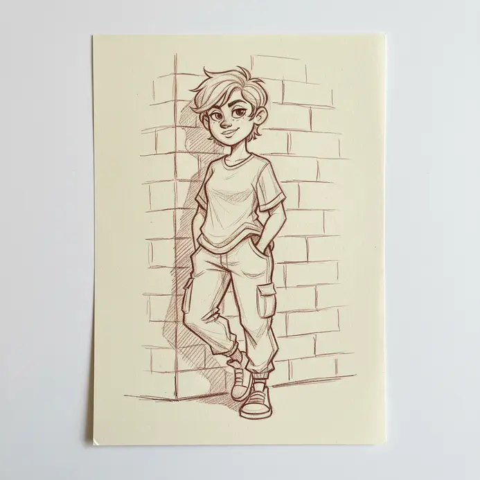 A relaxed cartoon character leans with one shoulder against a wall, hands in pockets.