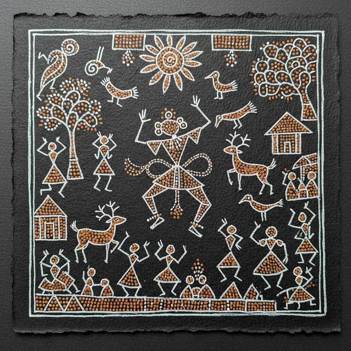A minimalist dancing figure made from connected circles and triangles in white paint.