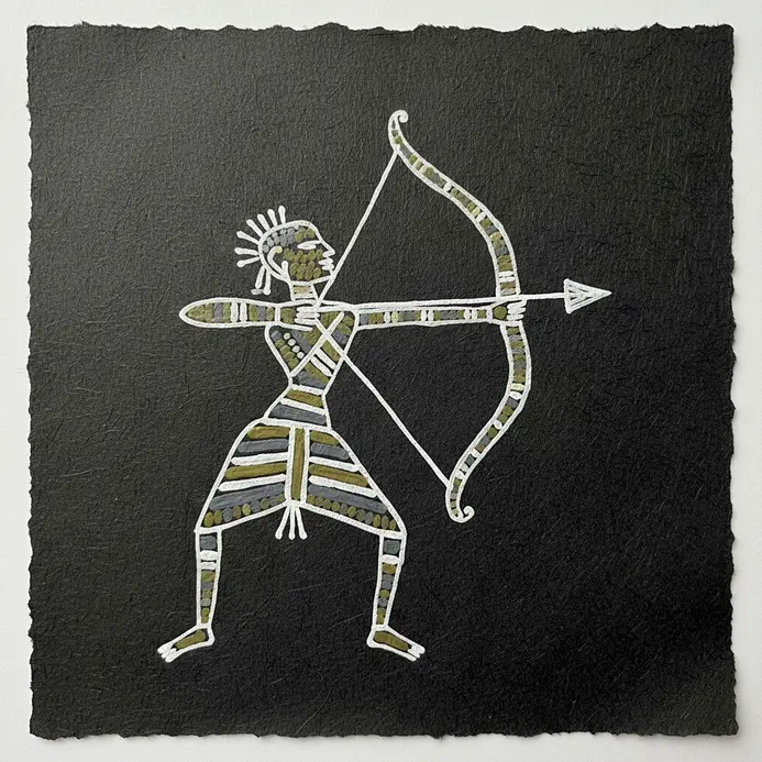 A figure in a dynamic pose holding a bow, represented by a curved line and a string.