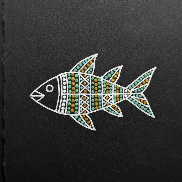 A basic fish shape made from a triangle body and simple lines for tail and fins.