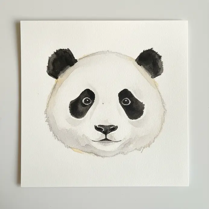 A simple panda face with black eye patches and nose on a white watercolor wash.