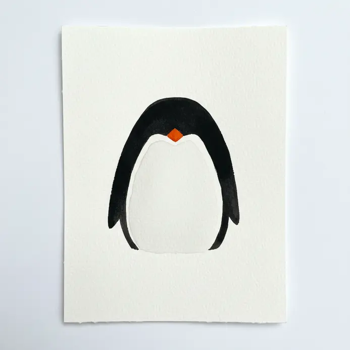 A round penguin body with solid black and white watercolor blocks and an orange beak.