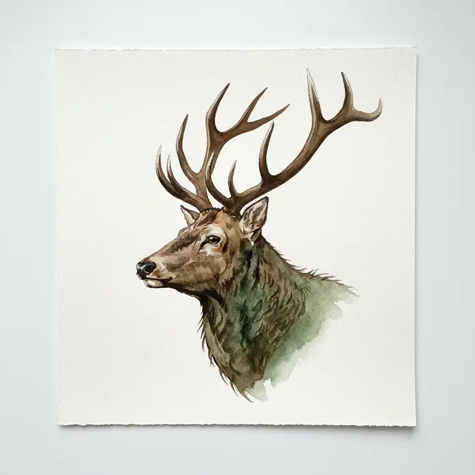 The side profile of a stag with antlers, painted as a dark brown watercolor silhouette.