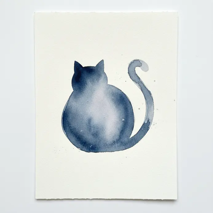 A grey cat sitting with its tail curled around its feet, painted with simple watercolor shapes.