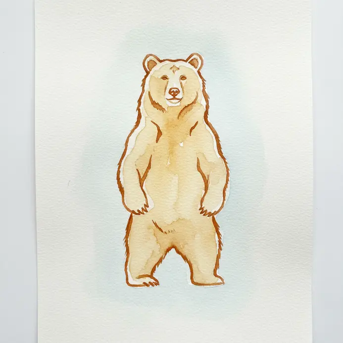 A brown bear standing on its hind legs, defined by a loose watercolor outline and wash.