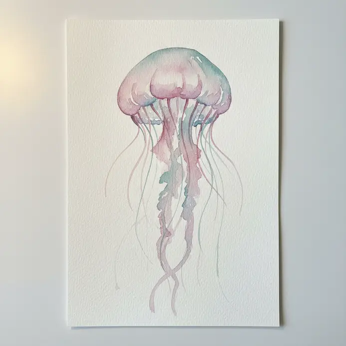 A translucent pink and purple jellyfish with flowing tentacles on a wet watercolor background.