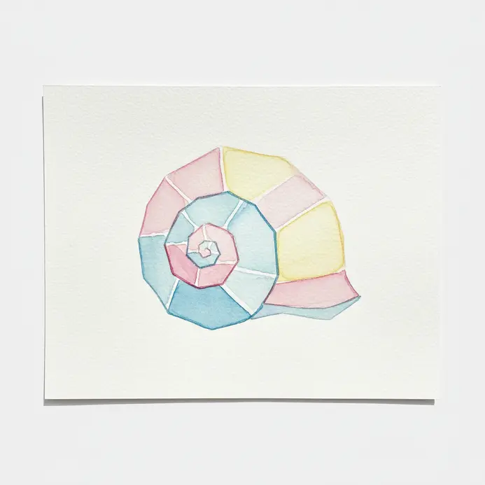 A spiral snail shell composed of soft pink, blue, and yellow geometric watercolor washes.