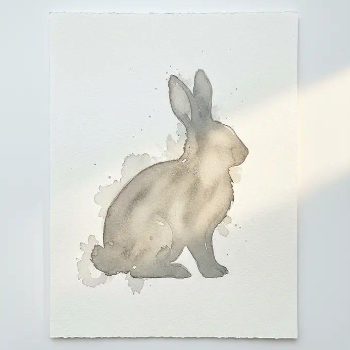 A grey rabbit silhouette sitting, created from a single fluid watercolor wash.