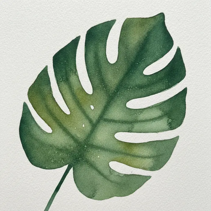 A single dark green Monstera leaf with characteristic holes, painted in watercolor on a light background.