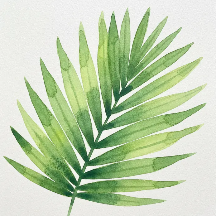 A section of a wide, green palm leaf with strong, linear veins painted in bold watercolor shapes.