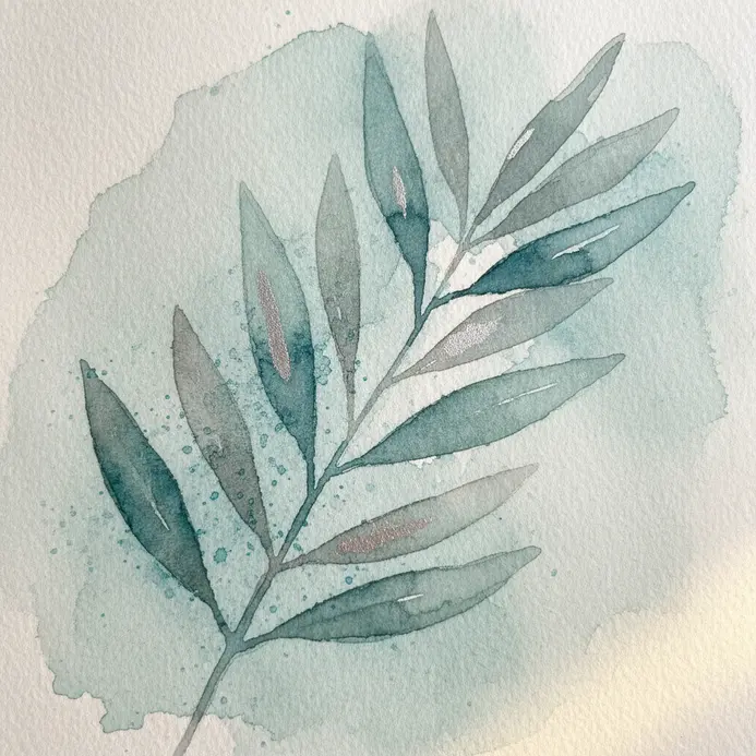 An elegant spray of olive leaves with a blue-green hue, painted with soft watercolor washes.